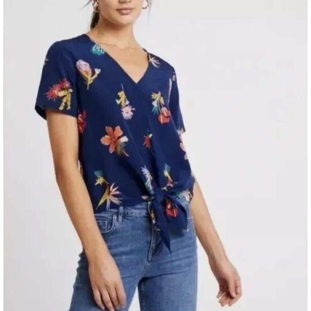 Madewell Size XXS Bird of Paradise Tie Front Silk Top V-Neck Shirt Sleeve Blouse